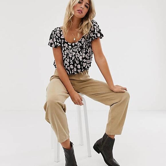 Free People Megs Leopard Tulle Cropped Blouse in Black Combo Size Small New! - Picture 1 of 12